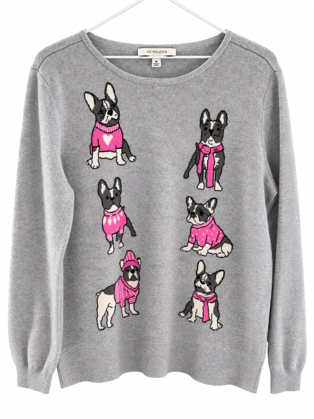 Anthropologie Gray Crewneck Sweater with Pink French Bulldog Motif